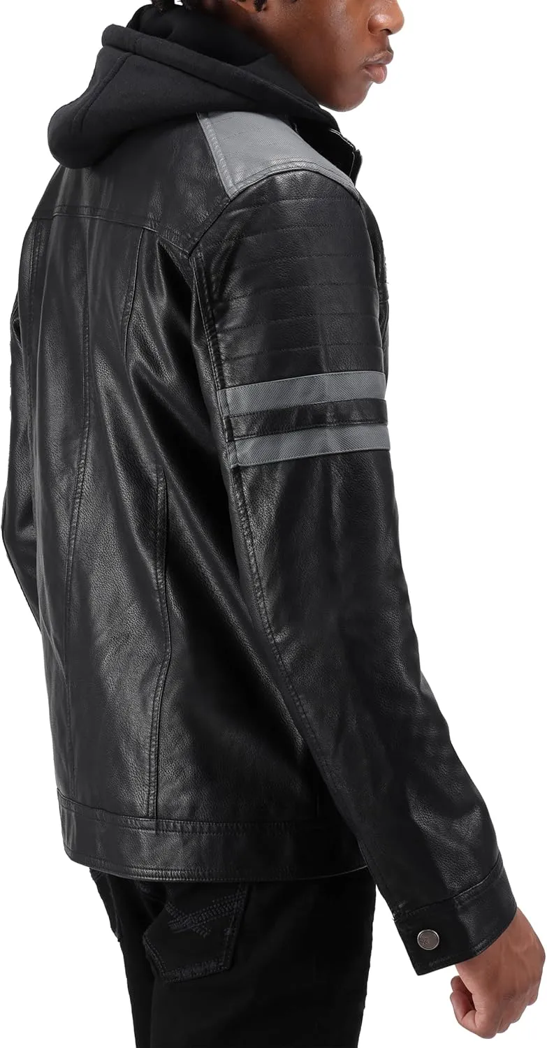 X RAY Mens Faux Leather Jacket with Hood, Hooded Stand Collar PU Leather Jacket for Men, Black, Large