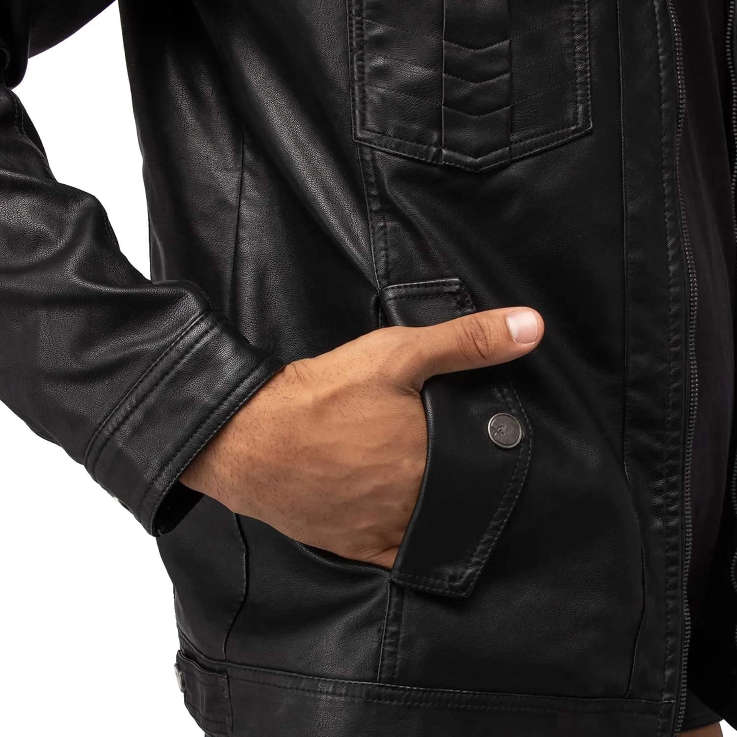 X RAY Mens Faux Leather Jacket with Hood, Hooded Stand Collar PU Leather Jacket for Men, Black, Large