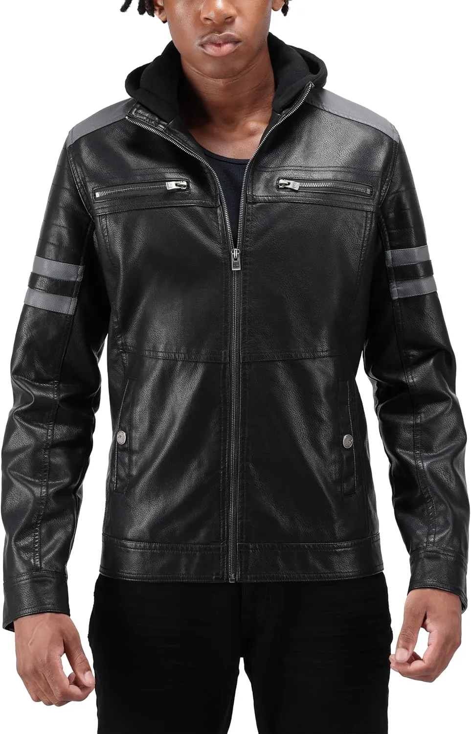 X RAY Mens Faux Leather Jacket with Hood, Hooded Stand Collar PU Leather Jacket for Men, Black, Large