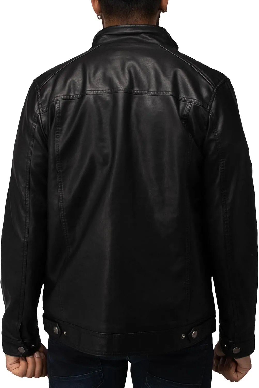 X RAY Mens Faux Leather Jacket with Hood, Hooded Stand Collar PU Leather Jacket for Men, Black, Large