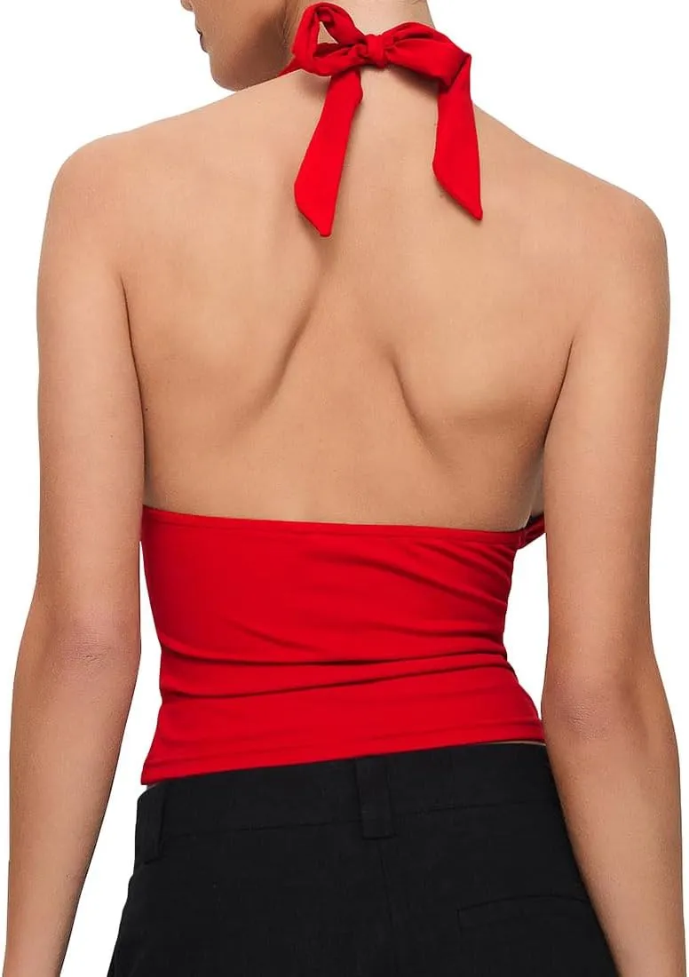 YFANG Women's Sexy Halter Tie Back Deep V Neck Sleeveless Slim Fitted Going Out Crop Tank Top
