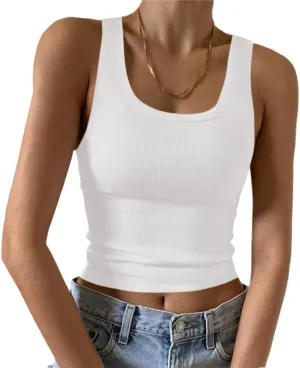 YFANG Women's Sexy Square Neck Sleeveless Basic Ribbed Knit Slim Fitted Going Out Crop Tank Top