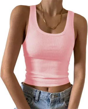 YFANG Women's Sexy Square Neck Sleeveless Basic Ribbed Knit Slim Fitted Going Out Crop Tank Top