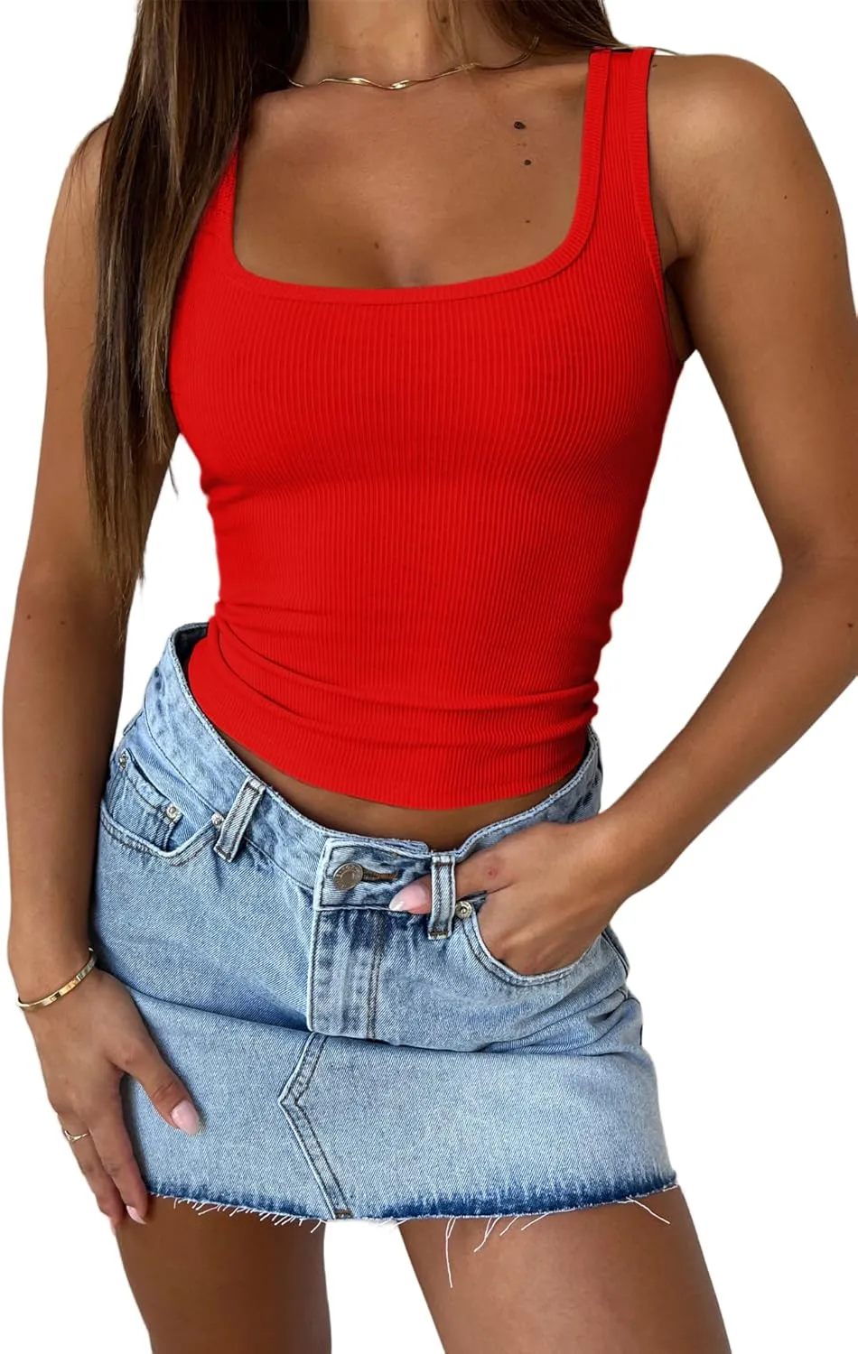 YFANG Women's Sexy Square Neck Sleeveless Basic Ribbed Knit Slim Fitted Going Out Crop Tank Top
