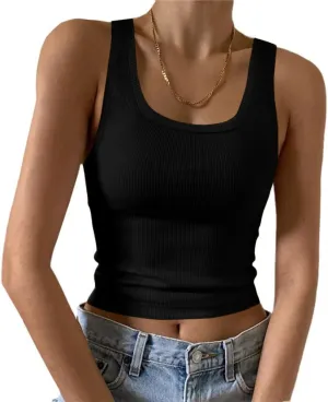 YFANG Women's Sexy Square Neck Sleeveless Basic Ribbed Knit Slim Fitted Going Out Crop Tank Top