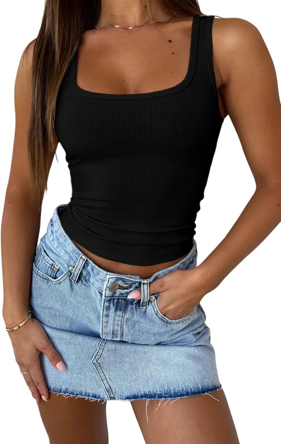 YFANG Women's Sexy Square Neck Sleeveless Basic Ribbed Knit Slim Fitted Going Out Crop Tank Top