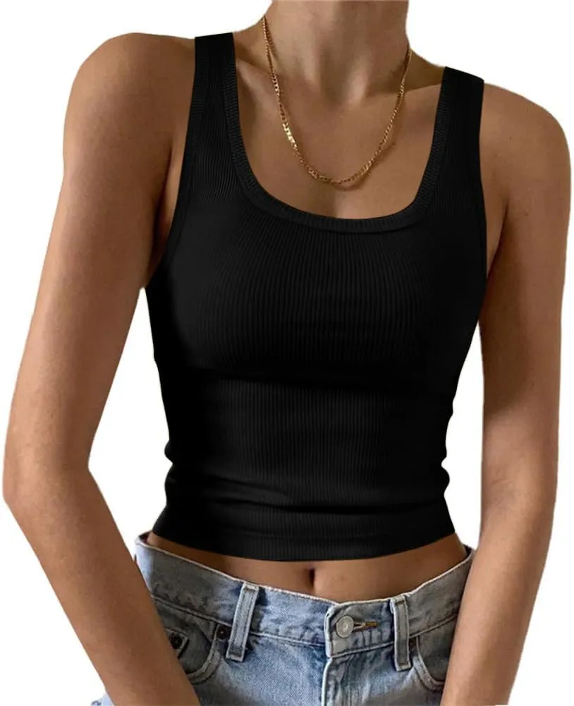 YFANG Women's Sexy Square Neck Sleeveless Basic Ribbed Knit Slim Fitted Going Out Crop Tank Top