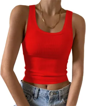 YFANG Women's Sexy Square Neck Sleeveless Basic Ribbed Knit Slim Fitted Going Out Crop Tank Top