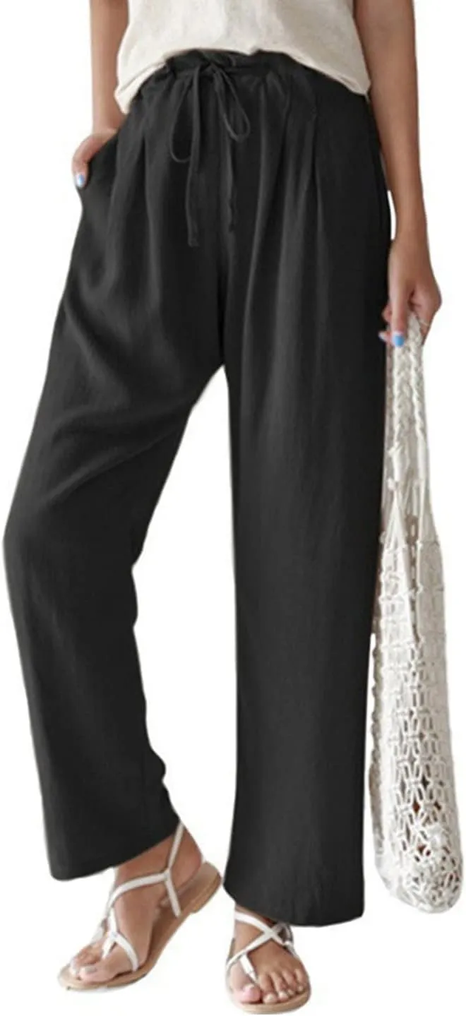 yoeasy Women Cotton Linen Drawstring Elastic Waist Straight Leg Pants Lightweight Trousers with Pocket
