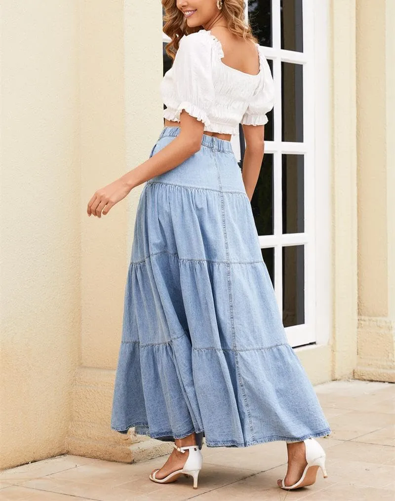 yoeasy Women's Button Down Denim Maxi Skirt High Waist Boho Flowy Swing Pleated Tiered Ruffle A Line Long Jean Skirts