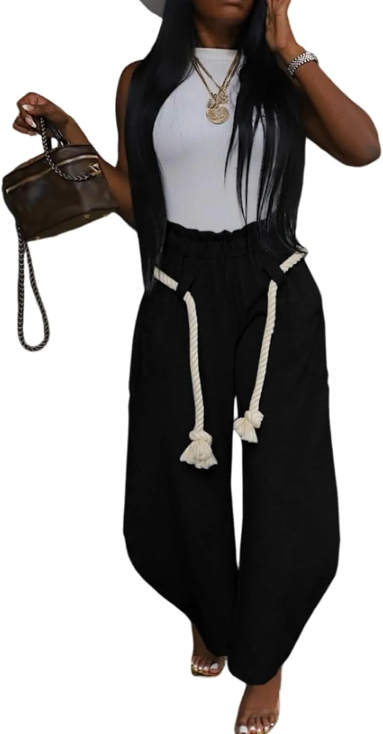 YOOTIKO Womens Straight Wide Leg Pants Barrel Sweatpants Hemp Rope Elastic High Waist Baggy Trousers