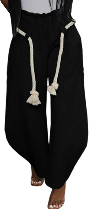 YOOTIKO Womens Straight Wide Leg Pants Barrel Sweatpants Hemp Rope Elastic High Waist Baggy Trousers
