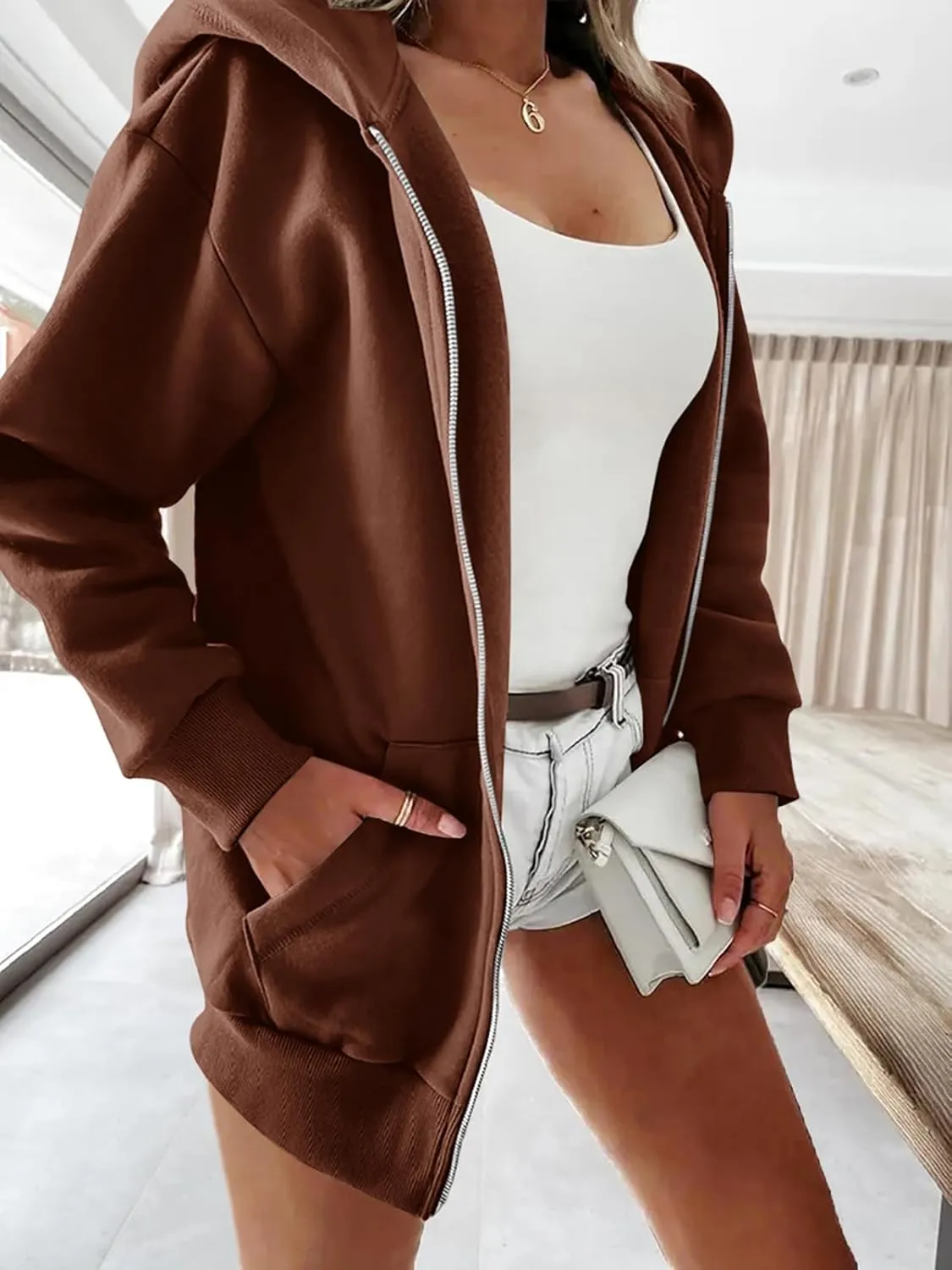 Yousify Women Casual Full Zip Up Plush Hoodie Comfy Loose Solid Sweatshirt Long Sleeve Jacket with Pockets
