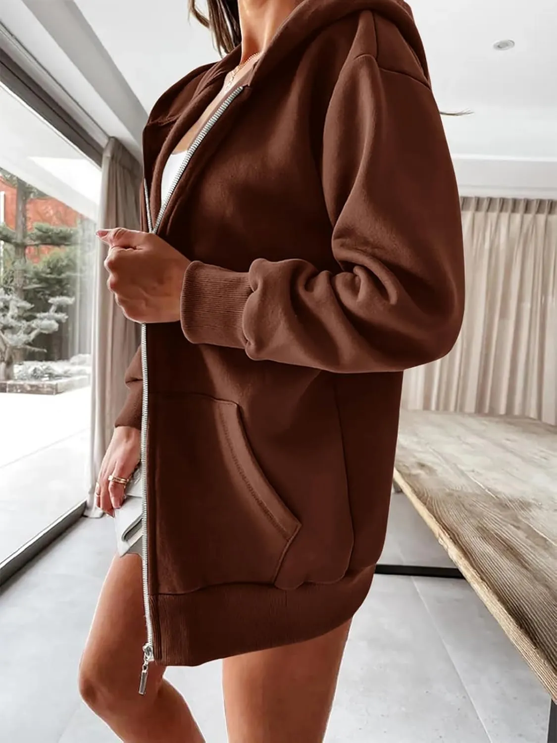 Yousify Women Casual Full Zip Up Plush Hoodie Comfy Loose Solid Sweatshirt Long Sleeve Jacket with Pockets