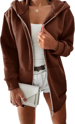 Yousify Women Casual Full Zip Up Plush Hoodie Comfy Loose Solid Sweatshirt Long Sleeve Jacket with Pockets