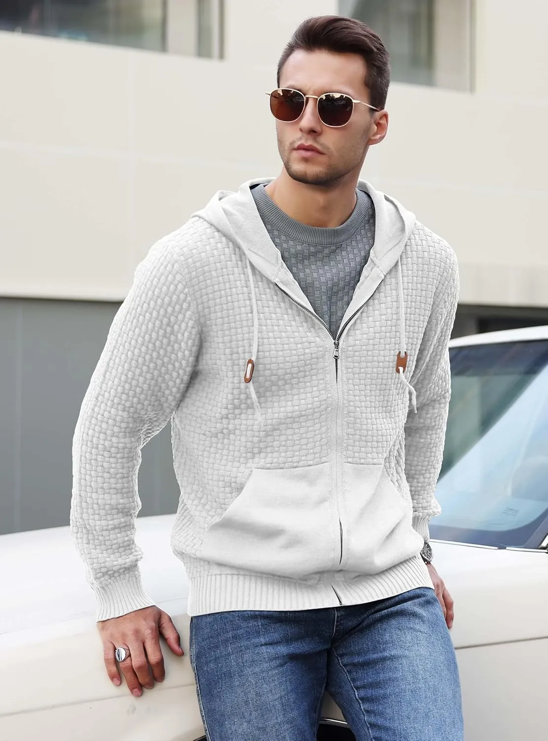 Zaitun Men's Full Zip Up Hooded Cardigan Sweater with Pockets