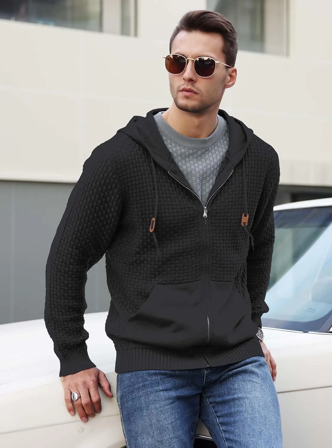 Zaitun Men's Full Zip Up Hooded Cardigan Sweater with Pockets