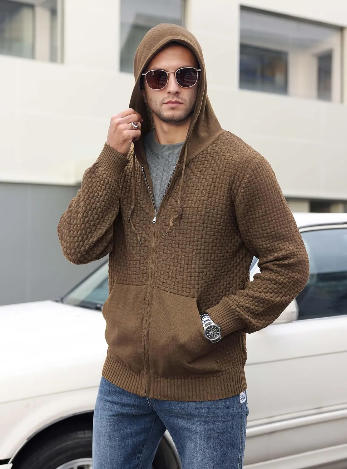 Zaitun Men's Full Zip Up Hooded Cardigan Sweater with Pockets