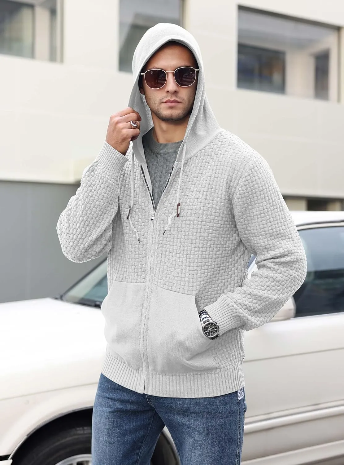 Zaitun Men's Full Zip Up Hooded Cardigan Sweater with Pockets