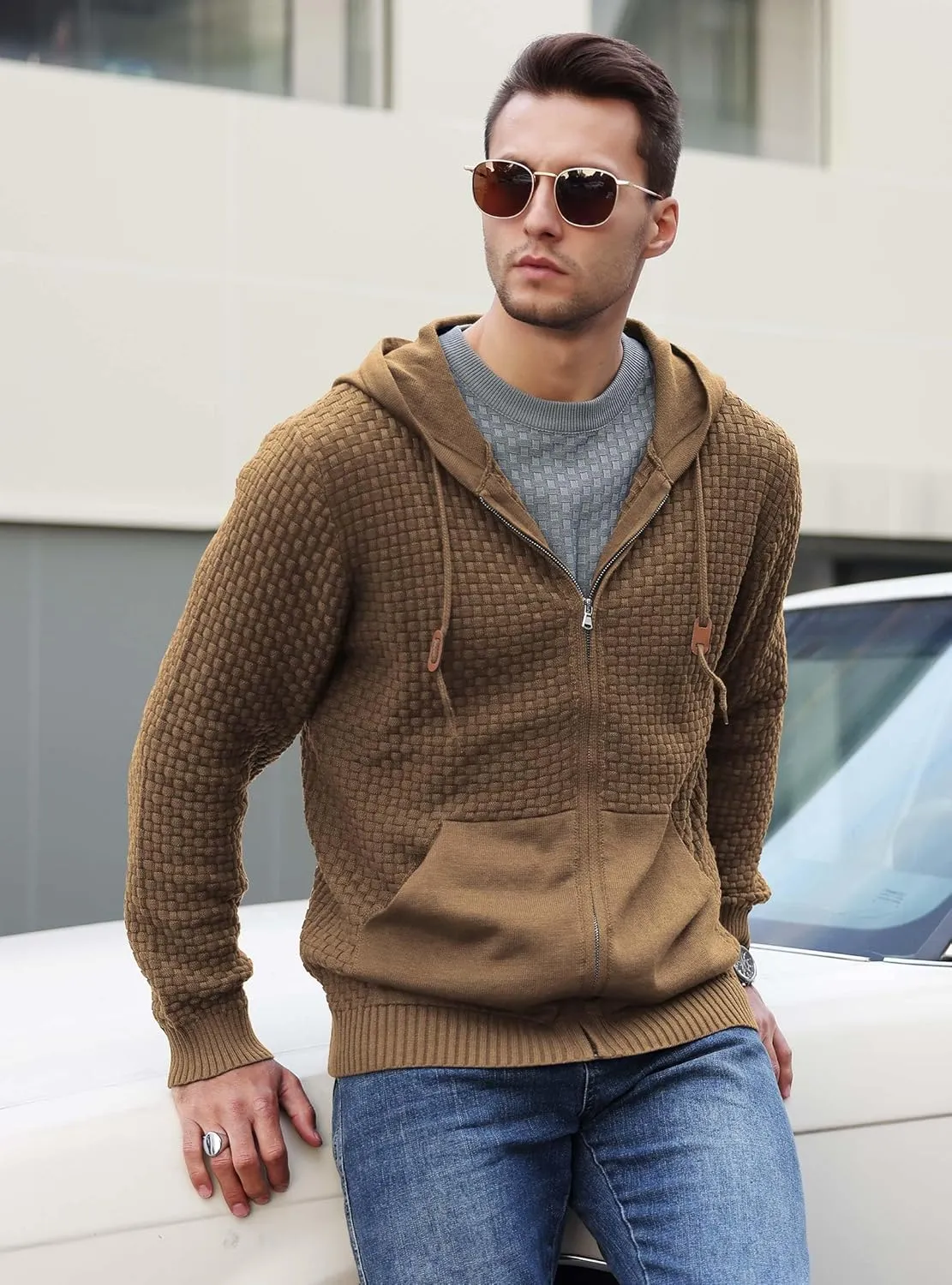 Zaitun Men's Full Zip Up Hooded Cardigan Sweater with Pockets