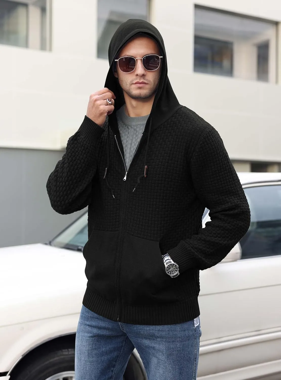 Zaitun Men's Full Zip Up Hooded Cardigan Sweater with Pockets