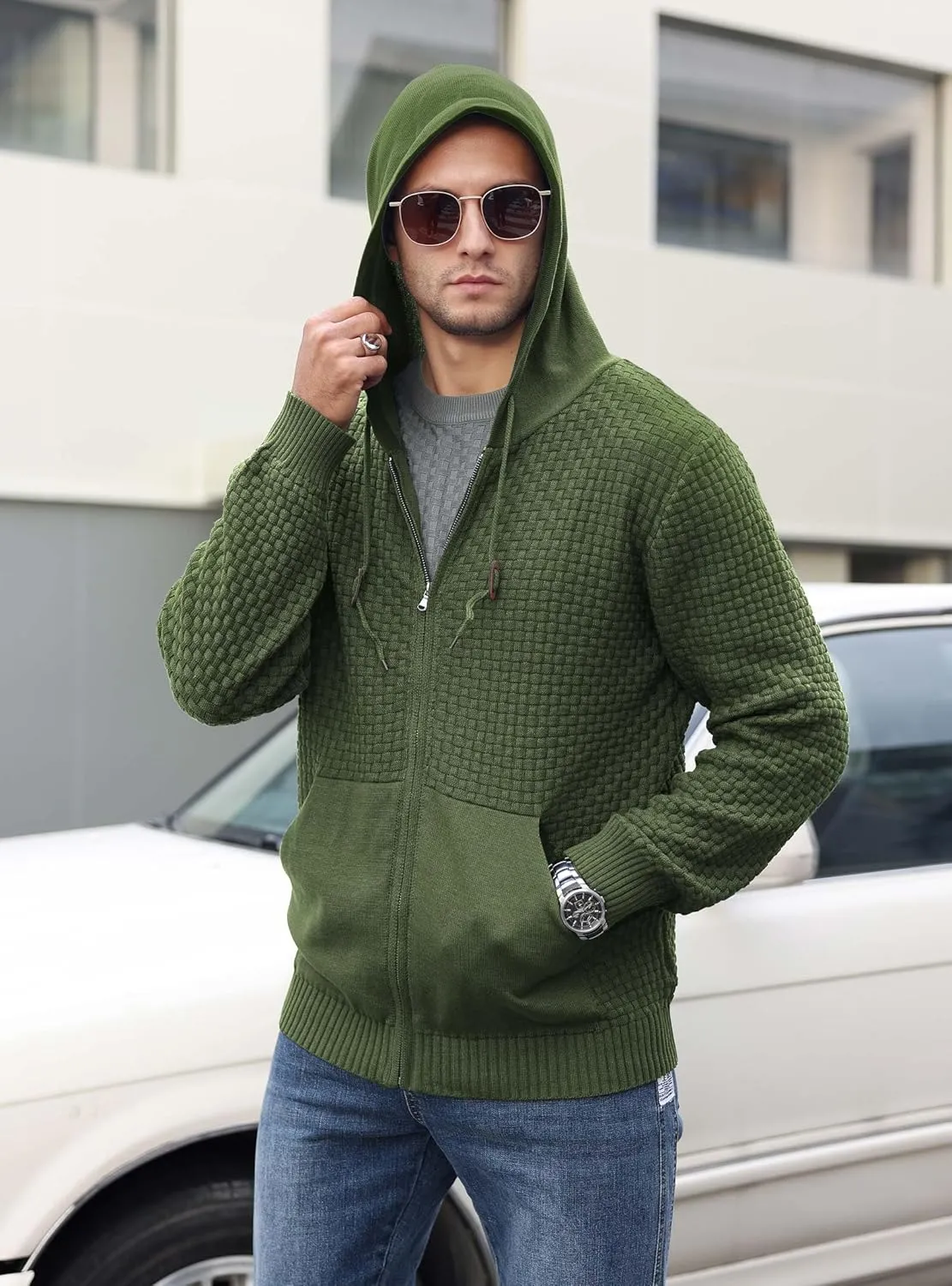 Zaitun Men's Full Zip Up Hooded Cardigan Sweater with Pockets