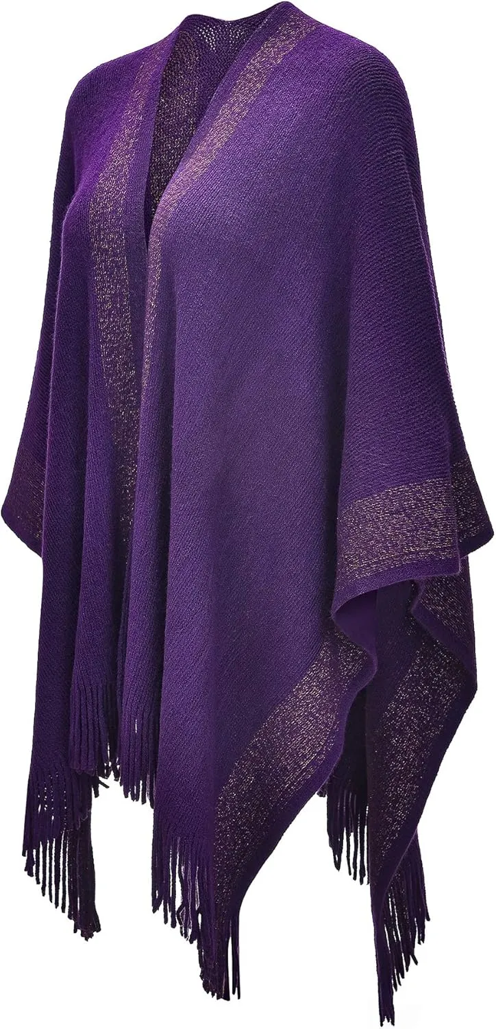 ZLYC Women's Shawl Golden Trim Knit Blanket Wrap Fringe Poncho Coat Cardigan