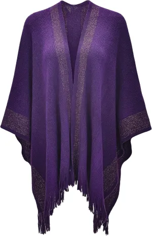 ZLYC Women's Shawl Golden Trim Knit Blanket Wrap Fringe Poncho Coat Cardigan