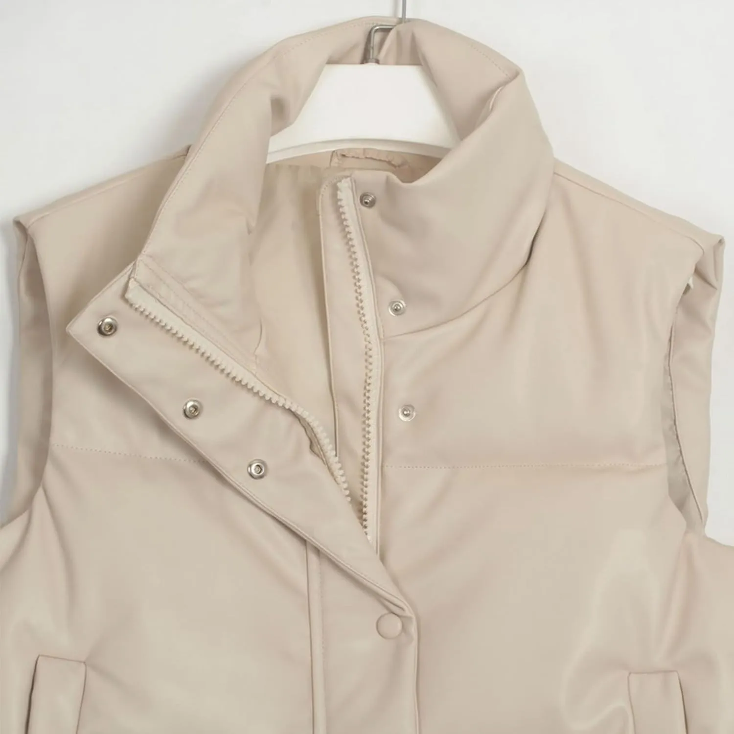 Zontroldy PU Leather Quilted Puffer Vest Women Stand Collar Zip Up Sleeveless Padded Lightweight Jacket Vest Waistcoat