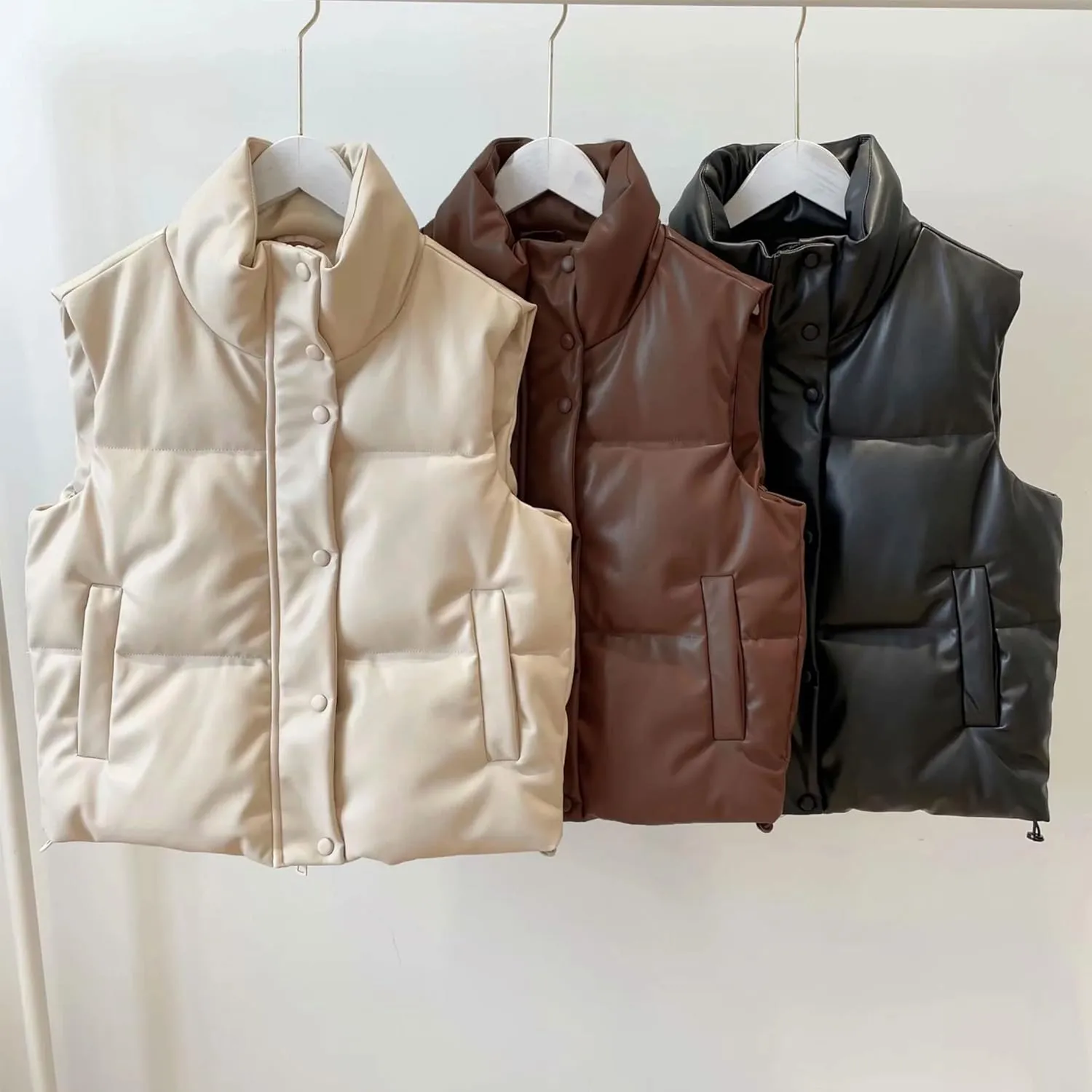 Zontroldy PU Leather Quilted Puffer Vest Women Stand Collar Zip Up Sleeveless Padded Lightweight Jacket Vest Waistcoat