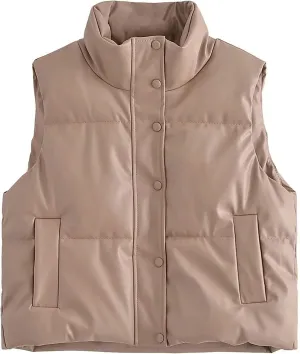 Zontroldy PU Leather Quilted Puffer Vest Women Stand Collar Zip Up Sleeveless Padded Lightweight Jacket Vest Waistcoat