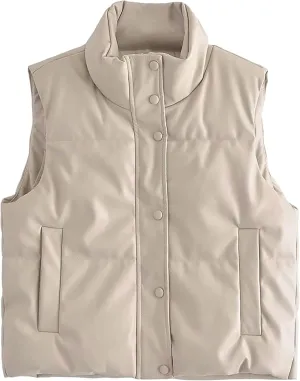 Zontroldy PU Leather Quilted Puffer Vest Women Stand Collar Zip Up Sleeveless Padded Lightweight Jacket Vest Waistcoat