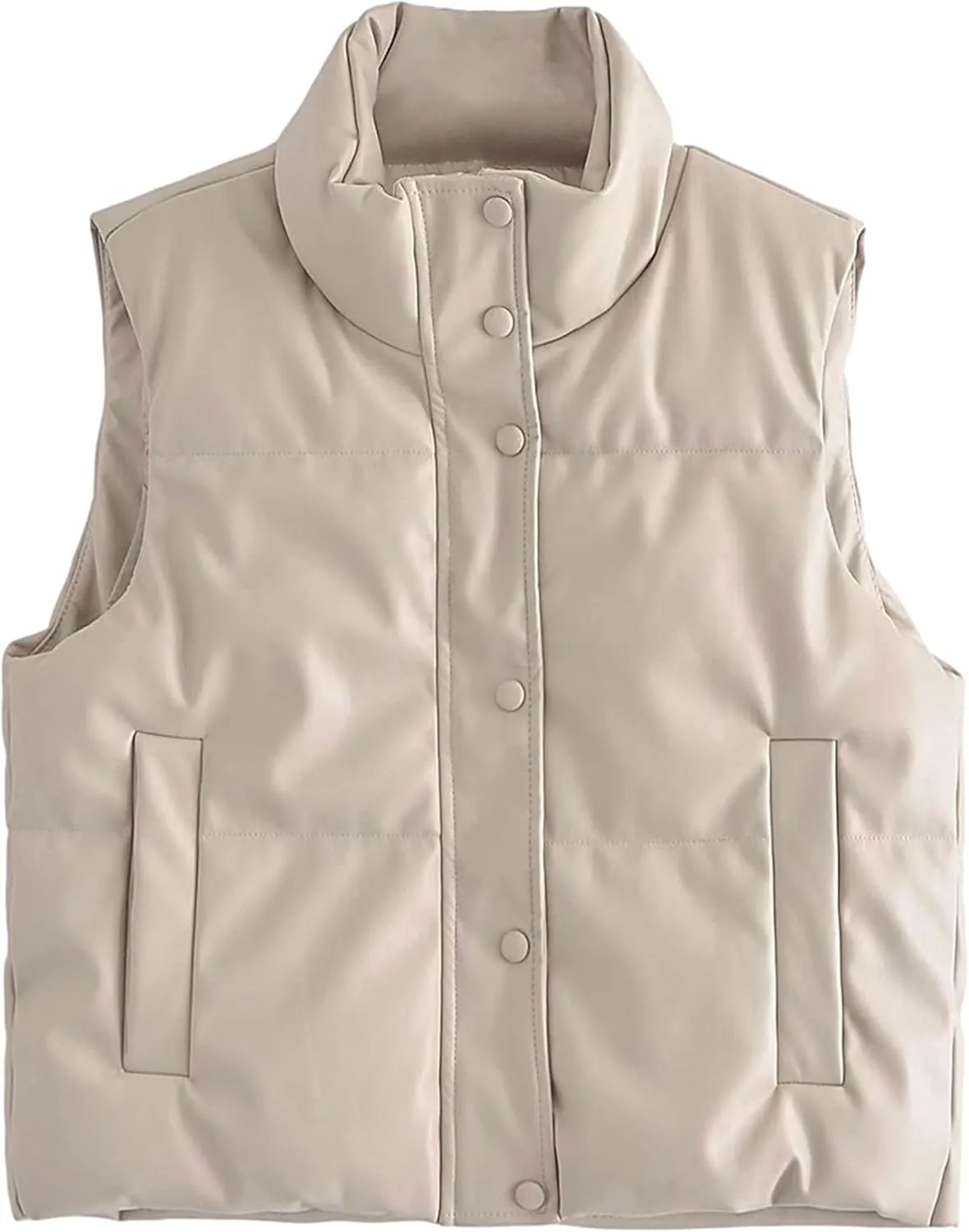 Zontroldy PU Leather Quilted Puffer Vest Women Stand Collar Zip Up Sleeveless Padded Lightweight Jacket Vest Waistcoat